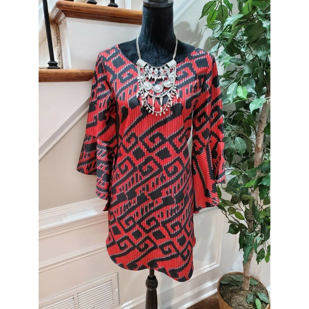 Audrey Women's Black & Red Polyester Round Neck Long Sleeve Knee Length Dress